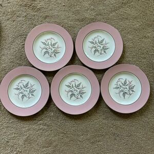 5 Homer Laughlin Vintage Cavaliers Pink Rimmed Egg Shell China Dessert Plates